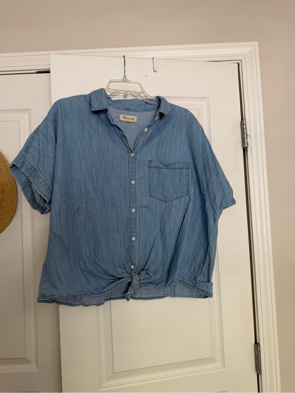 Madewell blue cotton denim shirt with tie front detail, size L